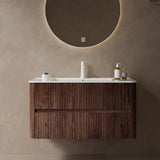 36" Bathroom Vanity with Sink, Modern Floating Vanity with 2 Push Close Soft Close Drawer, Ceramic Basin with Sink Hole Cover and Drain, Oak & Plywood-Bruges, Retro Walnut RAINLUX