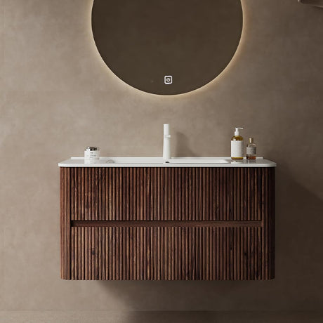 36" Bathroom Vanity with Sink, Modern Floating Vanity with 2 Push Close Soft Close Drawer, Ceramic Basin with Sink Hole Cover and Drain, Oak & Plywood-Bruges, Retro Walnut RAINLUX