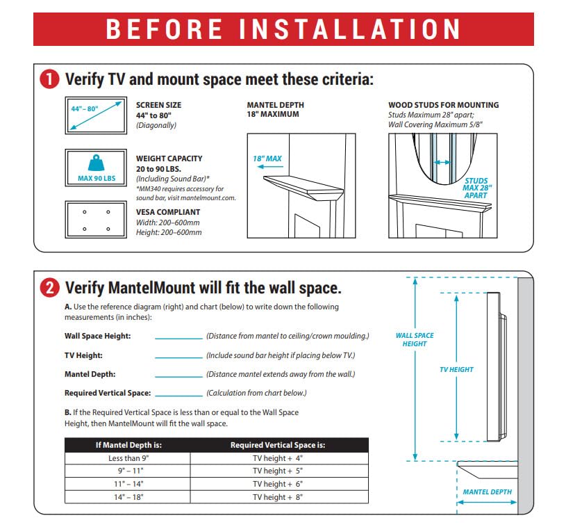 MantelMount- MM340 Above Fireplace Pull Down TV Mount- Televisions 44" to 80" Up to 90 lbs - Safe Auto-Adjusting TV Mounts - Patented Motion Stops, Handles, Balancing Technology - Superior Steel