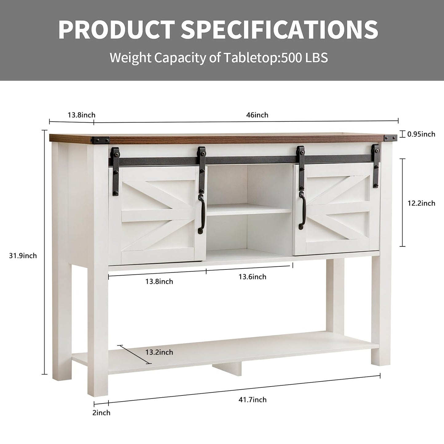 GAZHOME Entryway Table with Sliding Barn Doors, 46'' Farmhouse Console Table with Storage, Rustic Sofa Table with Adjustable Shelf & Open Shelf for Entry Way, Hallway, Living Room, White - WoodArtSupply