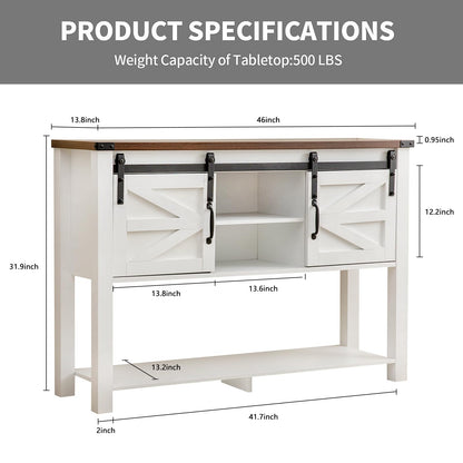 GAZHOME Entryway Table with Sliding Barn Doors, 46'' Farmhouse Console Table with Storage, Rustic Sofa Table with Adjustable Shelf & Open Shelf for Entry Way, Hallway, Living Room, White - WoodArtSupply