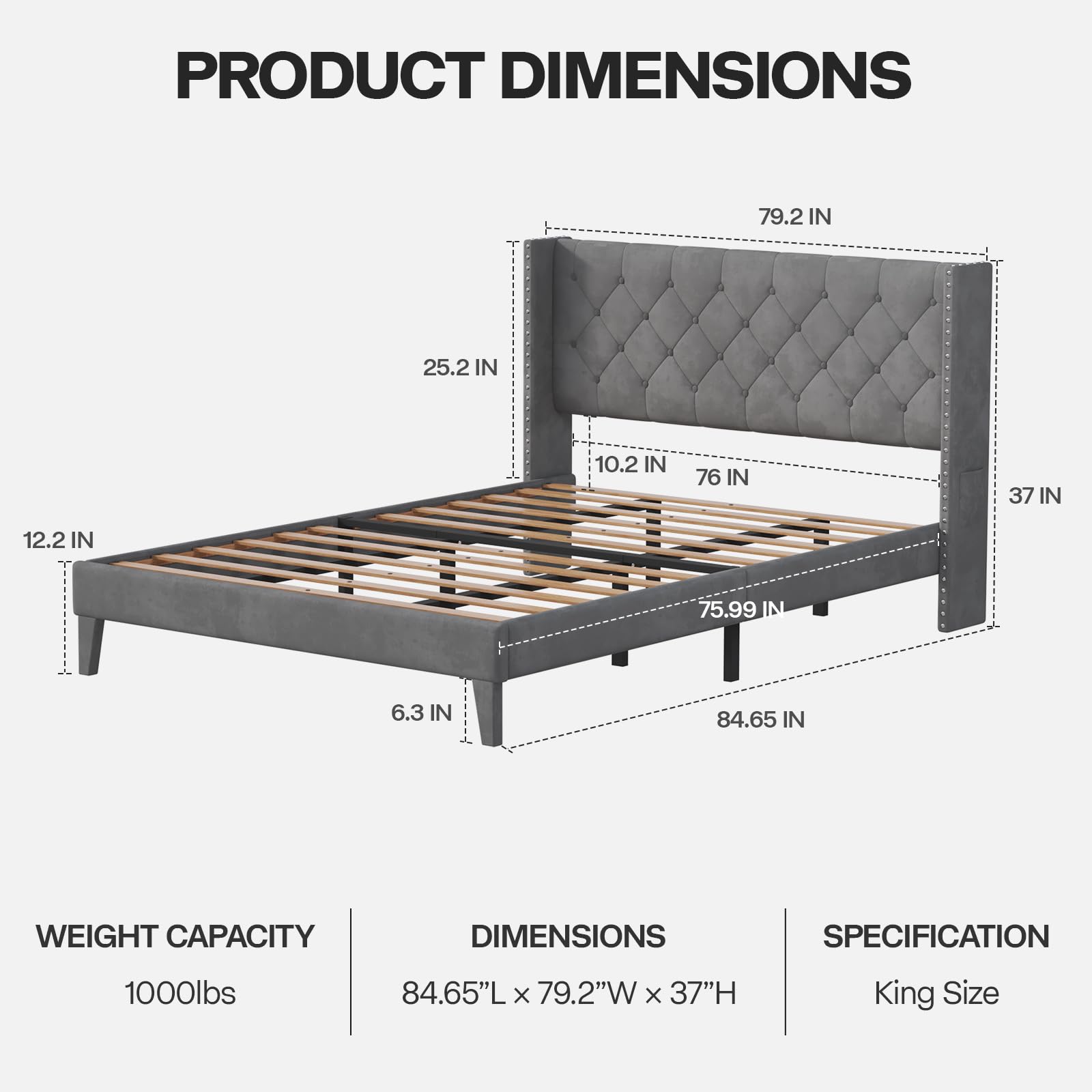 DOGIBIXO King Size Upholstered Bed Frame with LED Lights and Wingback Tufted Headboard in Grey - WoodArtSupply