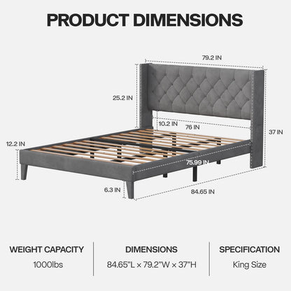 DOGIBIXO King Size Upholstered Bed Frame with LED Lights and Wingback Tufted Headboard in Grey - WoodArtSupply