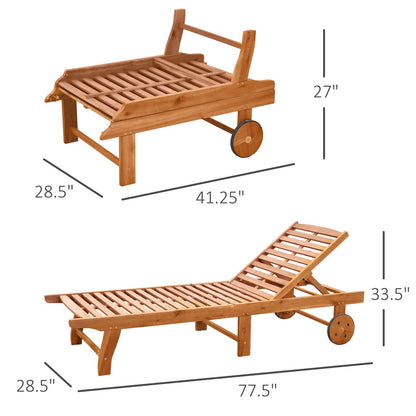 Outsunny Outdoor Folding Chaise Lounge Chair Recliner with Wheels, Acacia Wood Frame - Teak Color - WoodArtSupply