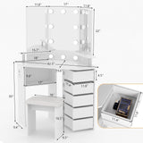 VOWNER Vanity with Lights - Makeup Vanity Desk with Power Outlet, 3 Color Lighting Options Brightness Adjustable, Vanity Table with 5 Rotating Drawers, Shelves and Stool for Bedroom, White VOWNER