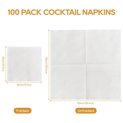 FOCUSLINE 100 Count Linen-Feel Disposable Cocktail Napkins -Square White Beverage Napkins - Soft and Absorbent Bulk Party Paper Napkins for Bar, Restaurant, Café, Wedding, Dinner or Events