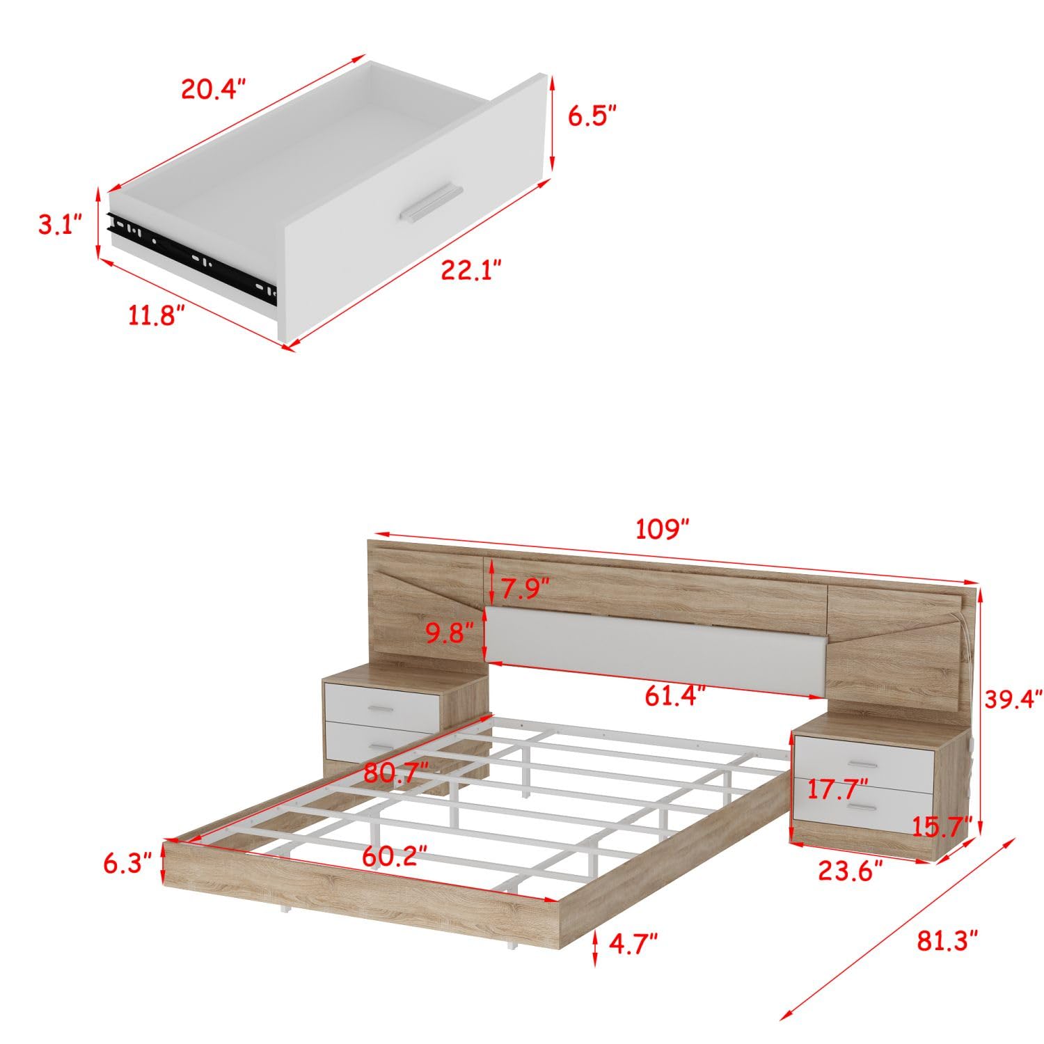 FAMAPY Queen Size Upholstered Floating Bed Frame with LED Lights and Nightstands in Oak and White - WoodArtSupply