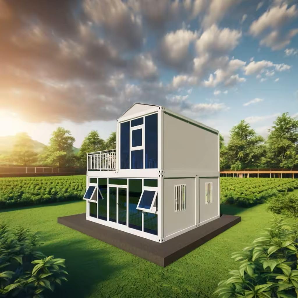 S.E.Q Double Story, Fully Equipped Bathroom, and Kitchen Tiny prefab Container House. Home with Glass sunroom and Stairs Free Water Heater (20 ft)