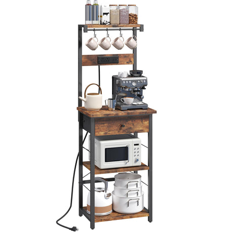 MAHANCRIS Bakers Rack with Drawer, Microwave Stand with Power Outlet, Coffee Bar Station with 4 Hooks, Kitchen Storage Shelf Rack 4 Tiers, for Kitchen, Dining Room, Rustic Brown and Black BRHR48E01 MAHANCRIS