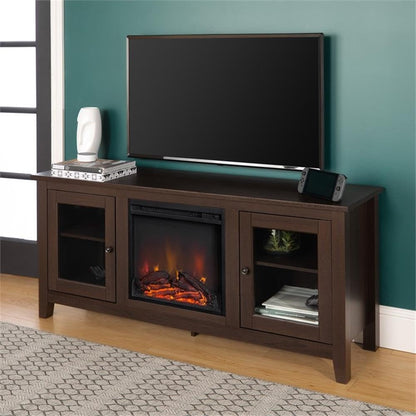 Walker Edison Rustic Wood and Glass Fireplace TV Stand for TV's up to 64" Flat Screen Living Room Storage Cabinet Doors and Shelves Entertainment Center, 58 Inch, Espresso Brown