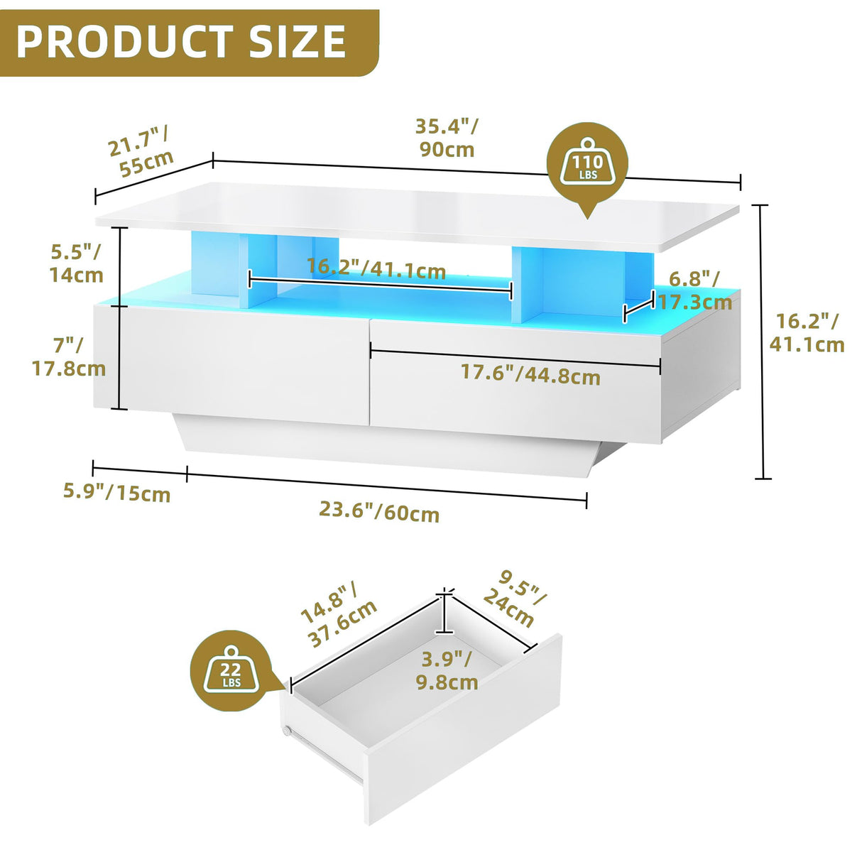 DWVO LED Coffee Table with Storage 4 Drawers, Modern High Glossy Coffee Tables for Living Room, White Rectangle Coffee Table Small Center Table with Open Display Shelf & Sliding Drawers, White DWVO