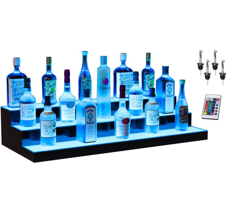 Boss Premium® BarUSA™ LED Lighted Bar Shelf Display Liquor Bottle Alcohol Whiskey Shelves Rack Stand Tray Units for Home Bar Living Room Accessories and Decor - Designed in USA (3-Step, 28 Inch) Boss Premium