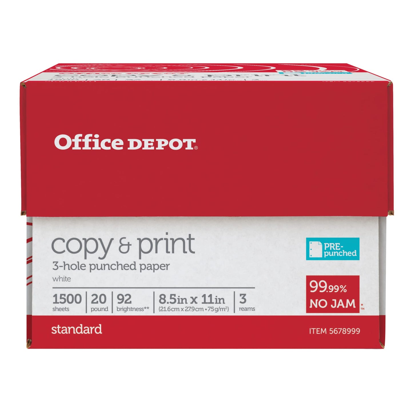 Office Depot® 3-Hole Punched Multi-Use Printer & Copy Paper, 3 Reams, White, Letter (8.5" x 11"), 1500 Sheets Per Case, 20 Lb, 92 Brightness