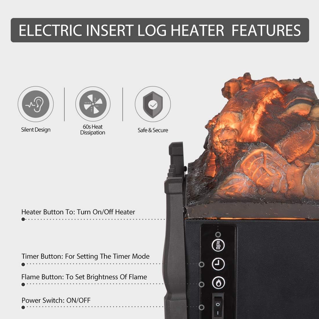 VIVOHOME 120V Electric Fireplace Insert Log Quartz Realistic Ember Bed Fan Heater with Infrared Remote Controller Black