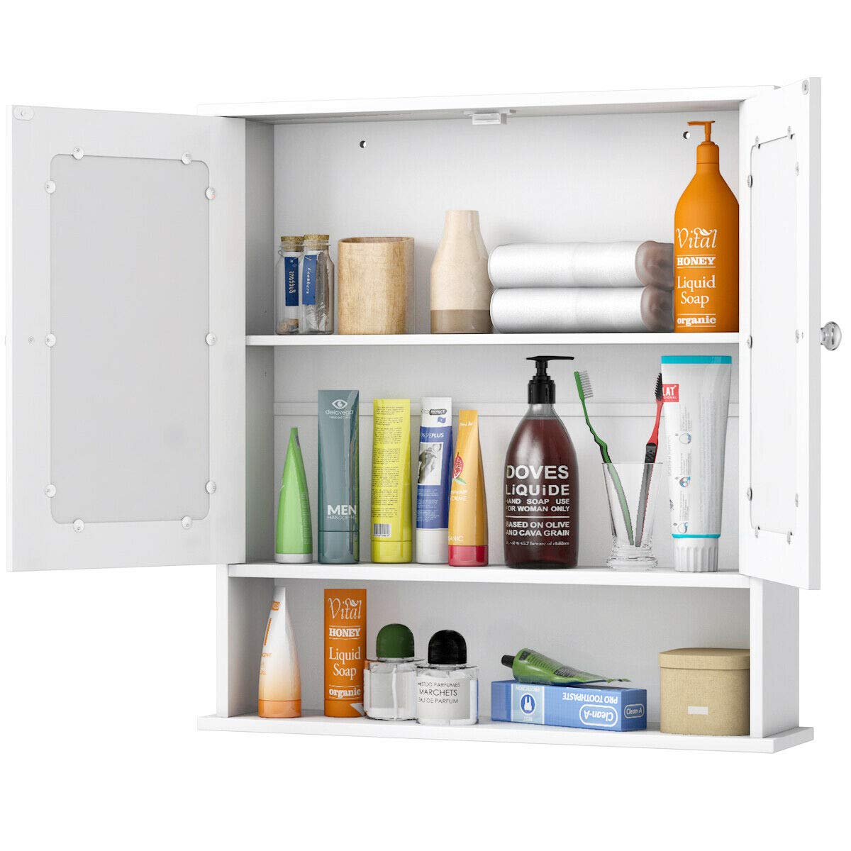 Tangkula Bathroom Cabinet, Wall Mount Storage Cabinet with Double Mirror Doors, Wood Medicine Cabinet(White) Tangkula