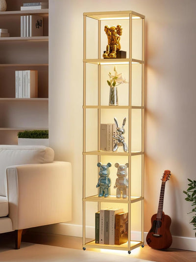 MANBUR Display Shelf with Dimmable LED Floor Lamp, Display Cabinet with Glass Bookcase, Home Decor, Bedroom Decor, Bookshelf with Light, Open Book Shelf with 6-Tier Shelf for Living Room Decor Gold