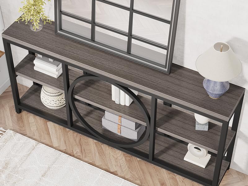 Tribesigns 70.9 inch Sofa Console Table, Extra Long Narrow Entryway Tables with 3 Tier Wood Storage Shelves Metal Frame for Foyer Hallway Living Room Behind Couch, Black Rustic Gray Tribesigns