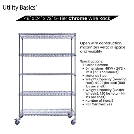 Utility Basics 48"x24"x72" Chrome 5-Tier PREMIUM Wire Shelving NSF 4000 LBS MAX CAPACITY Heavy Duty Steel Storage Rack for Warehouses, Garages, Hospitals, Commercial Spaces, & Schools w/PREMIUM WHEELS Utility Basics