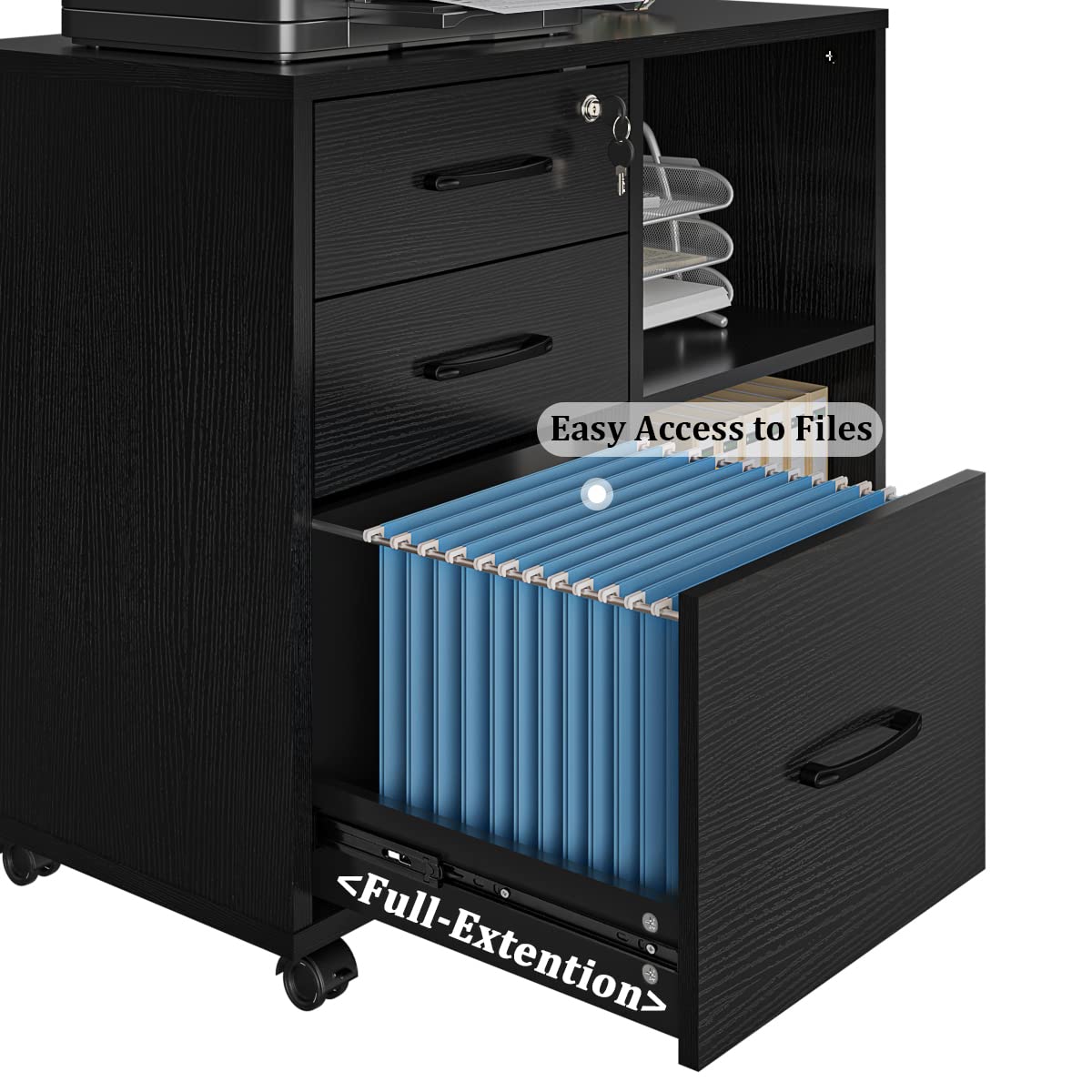 3 Drawer Office File Cabinets, Mobile Lateral Printer Stand with Open Storage Shelf, Rolling Filing Cabinet with Wheels Home Office Organization and Storage (Black) Panana
