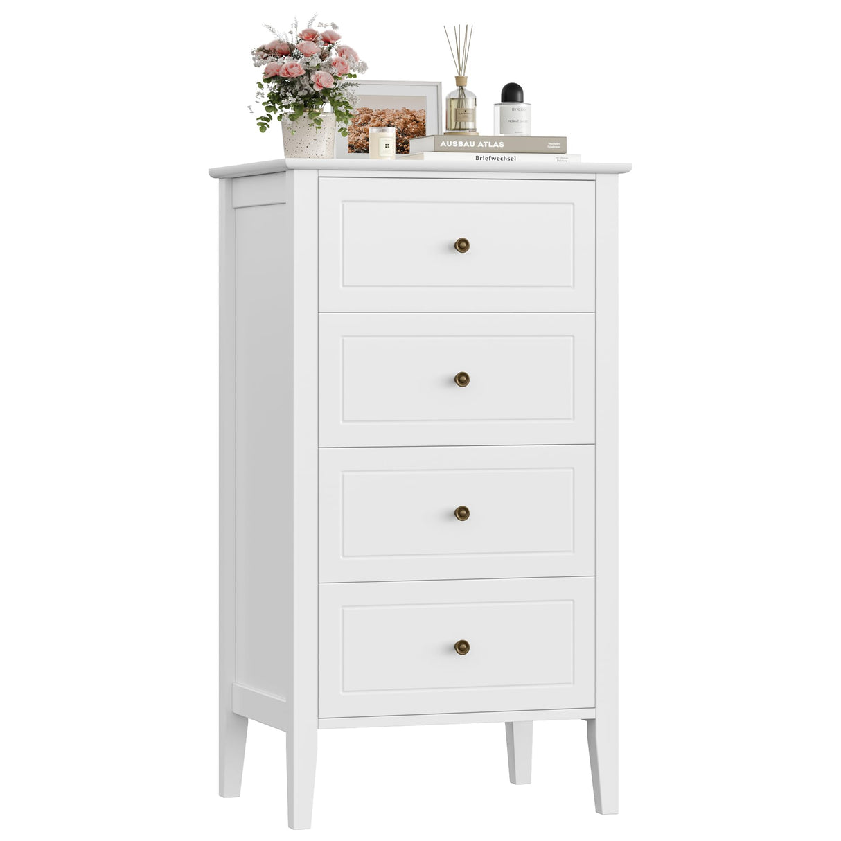 TTVIEW 4 Drawer Dresser, White Dresser Antique Chest of Drawers with Solid Frame, Tall Wood Storage Chest Cabinet for Living Room, Bathroom, Entryway, White TTVIEW