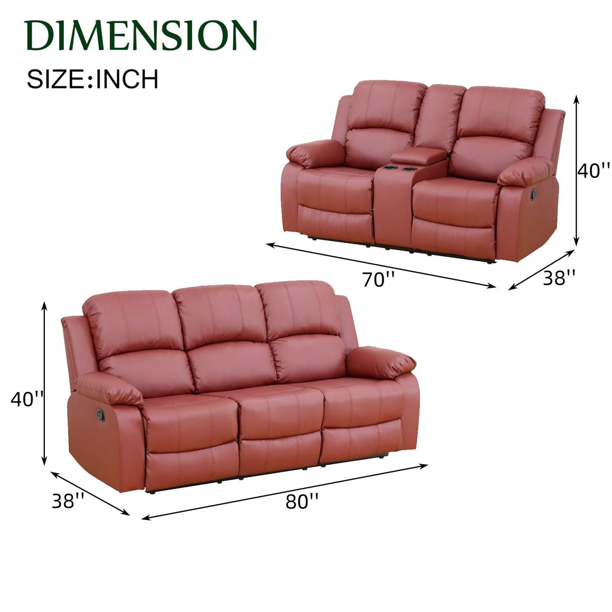 Caberryne 2 Pieces Leather Recliner Sofa Set，Recliner Sofa and Loveseat Sets for Living Room Furniture，Red Reclining Couch with 4 Recliners for Living Room/Office/Theater Seating(Sofa Set 2 Pieces) Caberryne