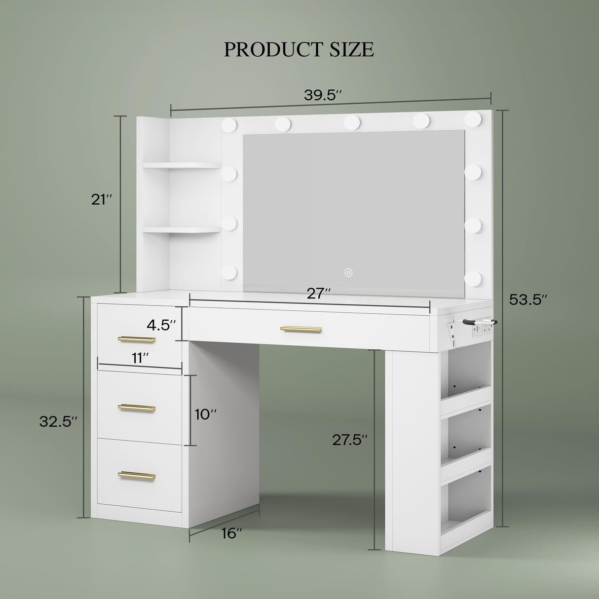 DWVO Vanity Desk with Mirror, Large Makeup Table with Power Outlets, 11 LED Bulbs, 3 Adjustable Light Modes, 4 Drawers and Built-in Shelves, Hollywood Dressing Vanity Desk Set for Bedroom, White DWVO