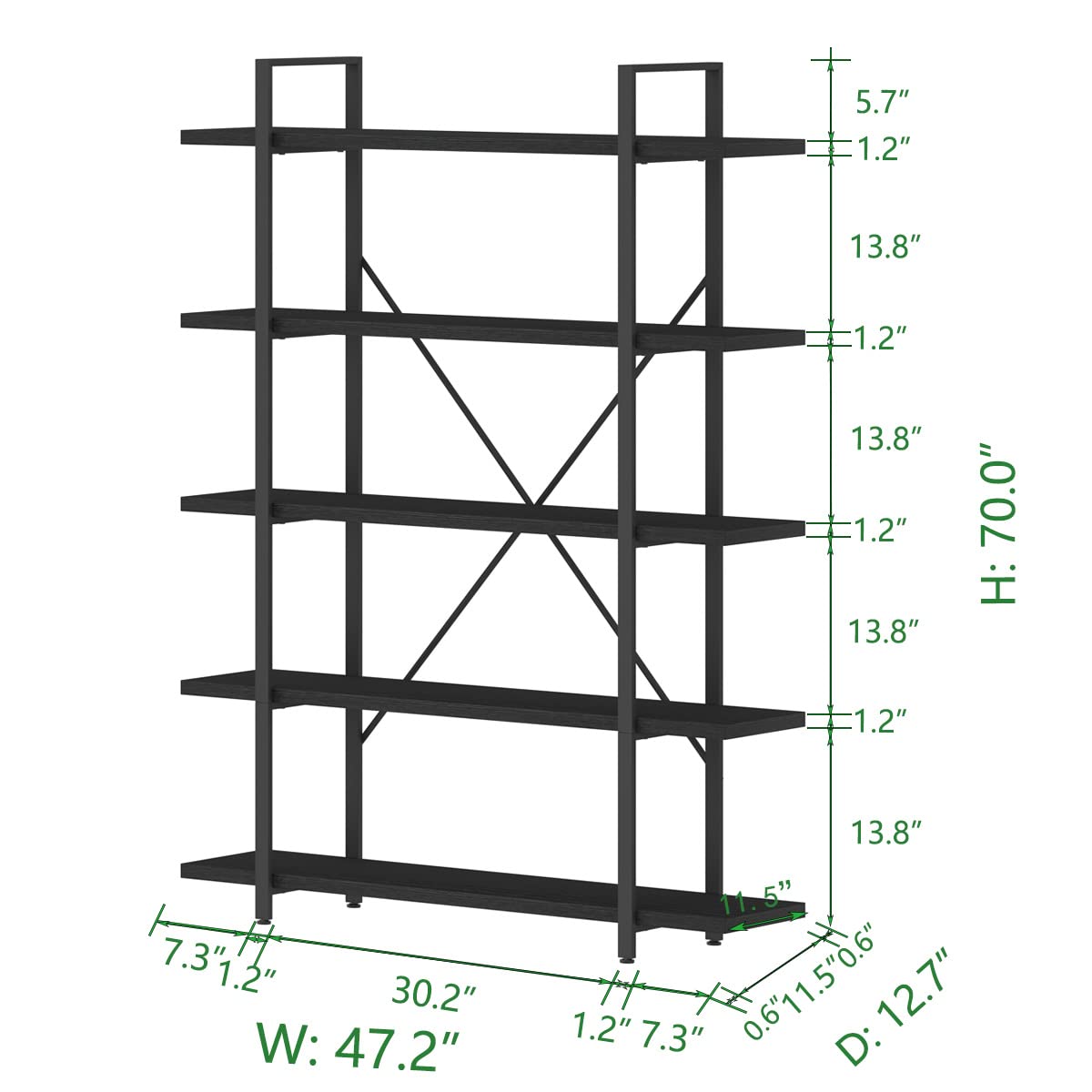 HSH 5 Tier Tall Black Bookshelf, Wood and Metal Storage Book Rack, Industrial Modern Etagere 5 Shelf Bookcase, Large Wide Open Display Book Shelf for Bedroom Living Room Office, Bookshelves Heavy Duty HSH