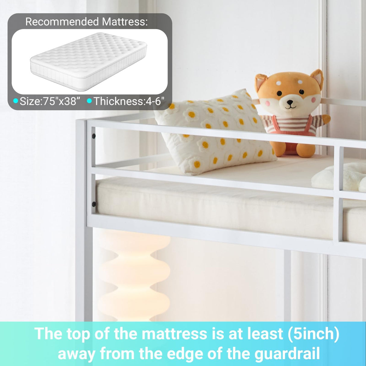 Karl home Twin Metal Loft Bed with Desk, with Power Outlet and LED Lighted, Safety Guardrail & Ladder, Space Saving, No Noise, No Box Spring Needed, White Karl home