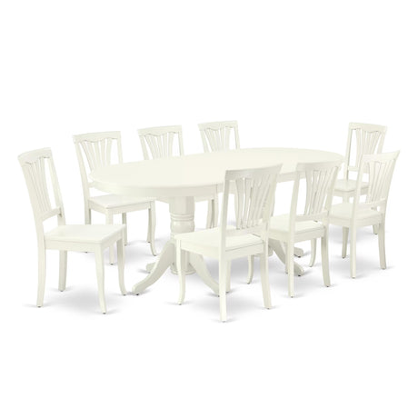 East West Furniture VAAV9-LWH-W 9 Piece Kitchen Table & Chairs Set Includes an Oval Dining Room Table with Butterfly Leaf and 8 Solid Wood Seat Chairs, 40x76 Inch, Linen White East West Furniture