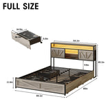 Halitaa Full Size Bed Frame with Charging Station, Full Bed Frame with 4 Drawers LED Light, Farmhouse Platform Bed with Headboard Storage 3 Layer Shelves, Wash Grey Halitaa