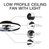 STERREN 20'' Modern Low Profile Ceiling Fan with Light, Bedroom LED Ceiling Fan with Remote Control, Bladeless Flush Mount Black Fan Lights Ceiling Fixtures for Living Room,Small Room STERREN