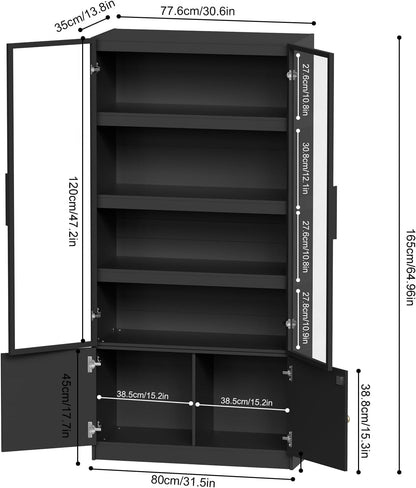 PAKASEPT 5 Tier Display Case with Glass Doors, 65" Display Cabinet with LED Light, Tall Curio Cabinets Display Shelf for Collectibles, Bookcase Bookshelf for Bedroom, Living Room