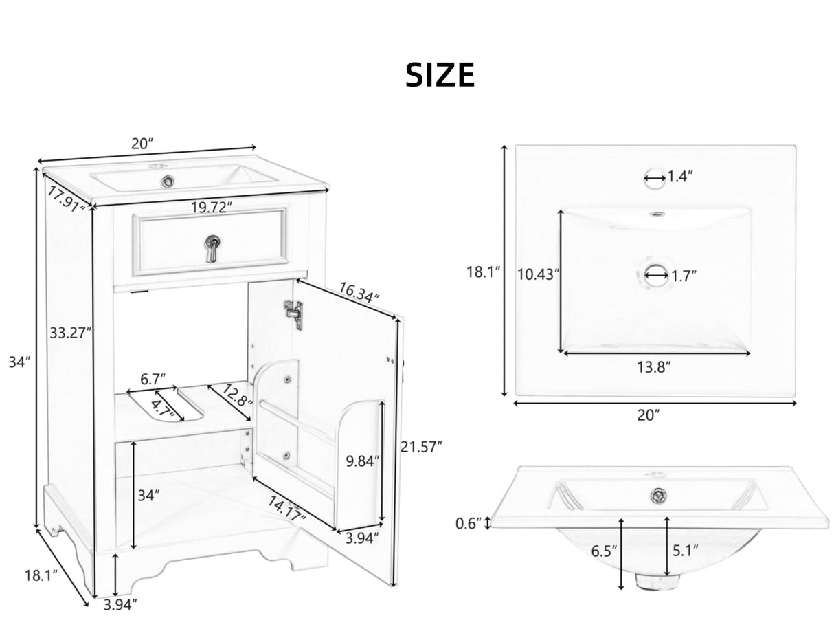 20-Inch Bathroom Vanity with Ceramic Sink, Solid Wood Frame Modern Storage Cabinet with Soft Close Door, Adjustable Shelf, and Door-Mounted Storage Rack for Small Bathrooms, Black Merax