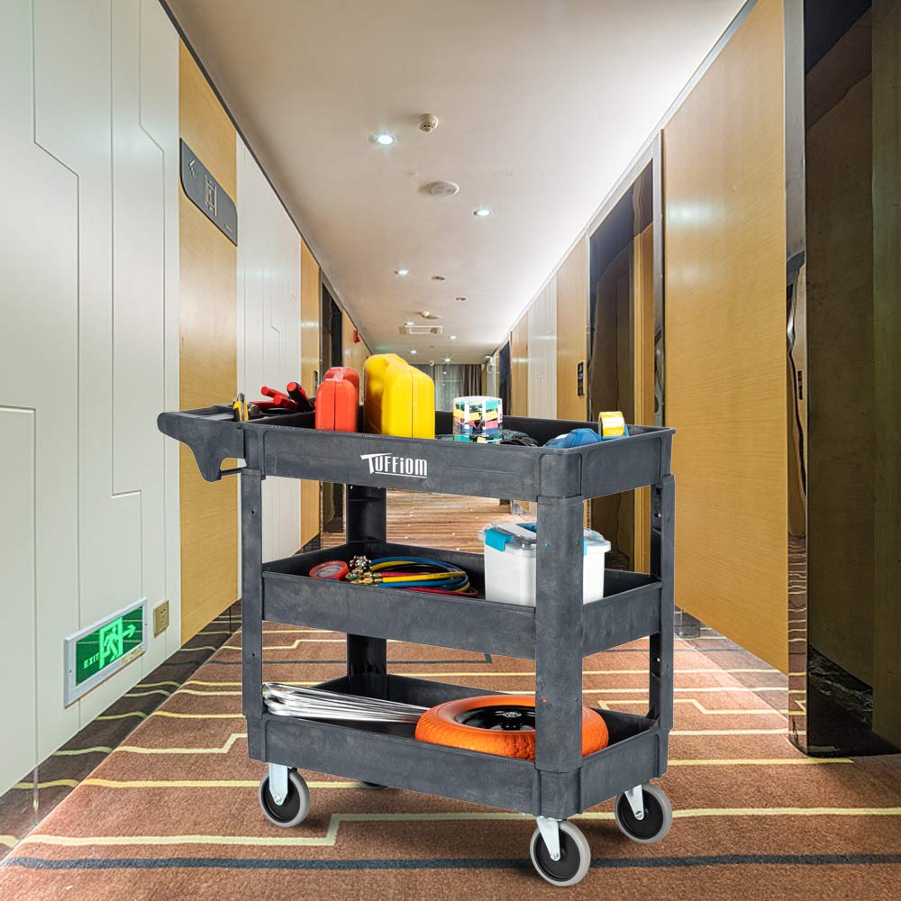 TUFFIOM Plastic Service Utility Cart with Wheels, 550lbs Capacity, Heavy Duty Tub W/Deep Shelves, Multipurpose Rolling 3-Tier Mobile Storage TUFFIOM