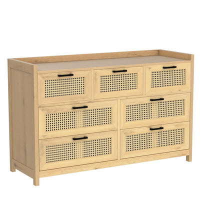 AOGLLATI Dresser for Bedroom with Led Light, Natural Rattan 7 Drawer Dressers, Dressers & Chests of Drawers, Closet Wooden Long Bedroom, Hallway, Entryway