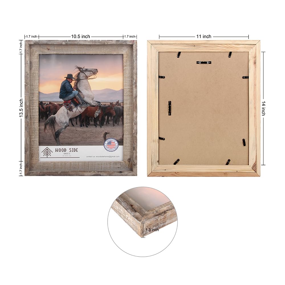 Rustic Barnwood Picture Frames 11x14 - Natural Reclaimed Wood Real Glass Wall Hanging - Handcrafted Vintage Distressed, 1 3/4" Frame Width WOOD SIDE ORBIS