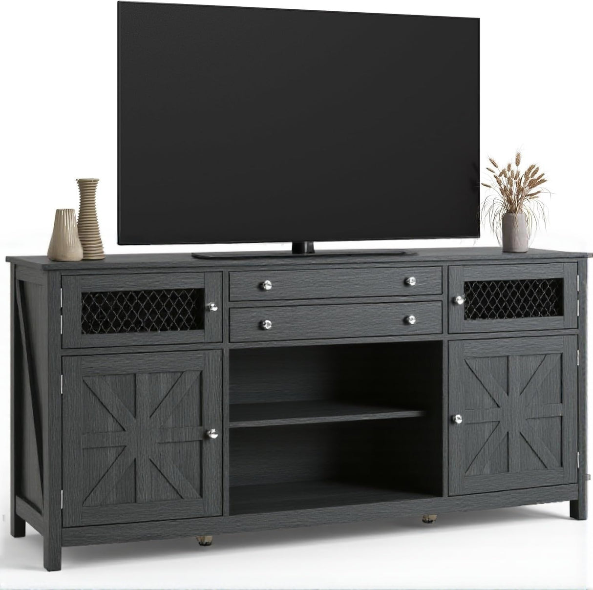 YITAHOME Farmhouse TV Stand for TVs up to 65", Entertainment Center with 2 Large Drawers & Visual Grid Door, 59" Rustic TV Media Console for Living Room, Dark Grey YITAHOME