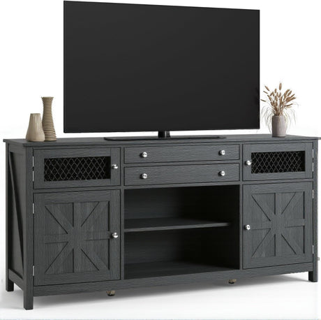 YITAHOME Farmhouse TV Stand for TVs up to 65", Entertainment Center with 2 Large Drawers & Visual Grid Door, 59" Rustic TV Media Console for Living Room, Dark Grey YITAHOME