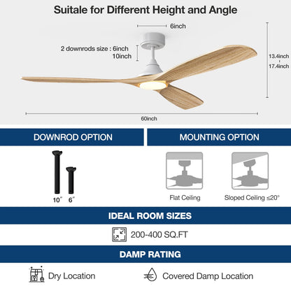 60 Inch Smart Ceiling Fan with Lights, Wood Blades Ceiling Fan with Remote, Alexa, App Controls, Quiet DC Motor 6 Speed, Timing, High CFM, Dimmable LED Light for Home Office, White + Natural Wood