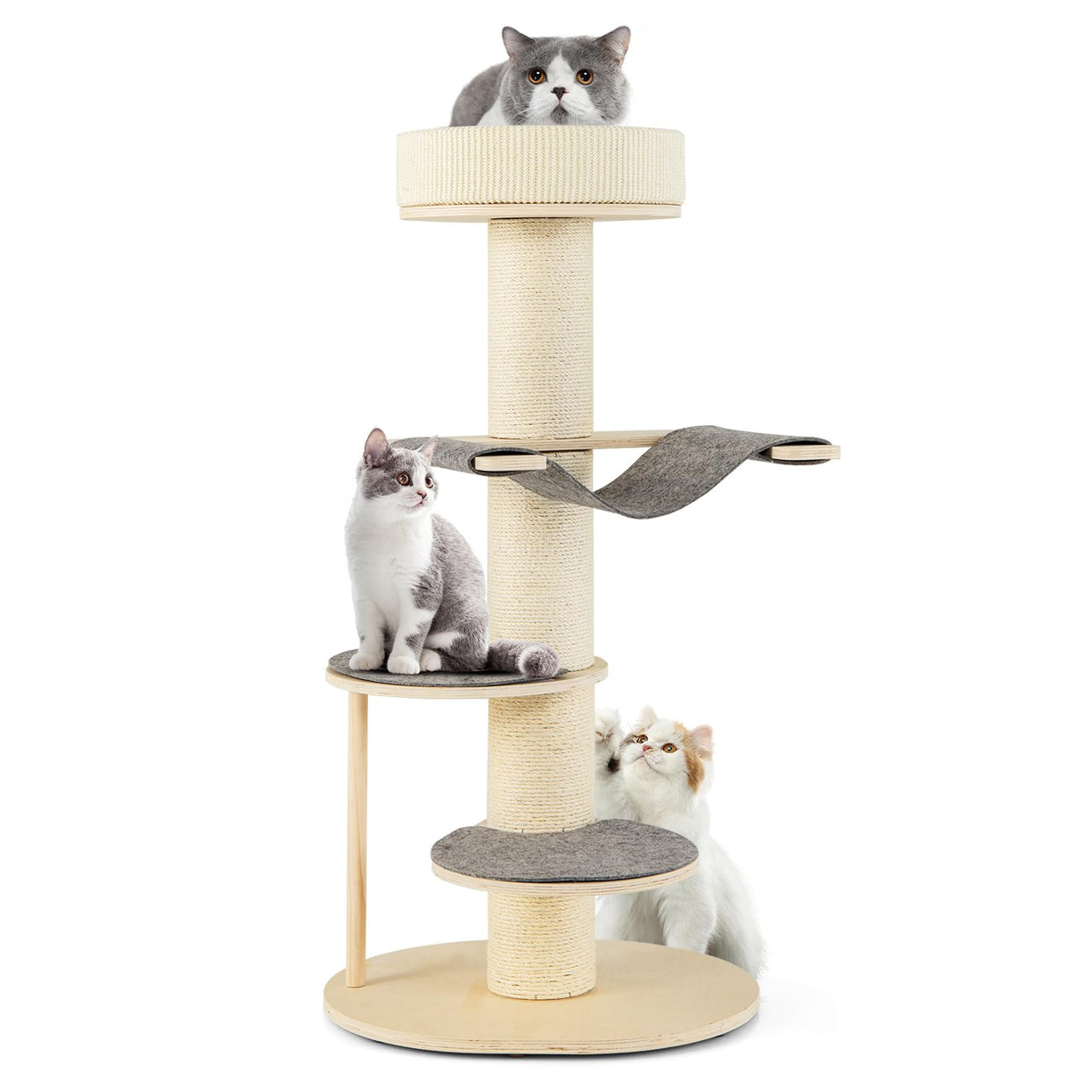 Tangkula Wood Cat Tree, 47 Inch Multi-Layer Cat Tower with 5.7” Thicker Sisal Covered Scratching Posts & Carpet, Padded Top Perch, 2 Jumping Platforms, Hammock, Modern Cat Tree Tower for Indoor Cats Tangkula