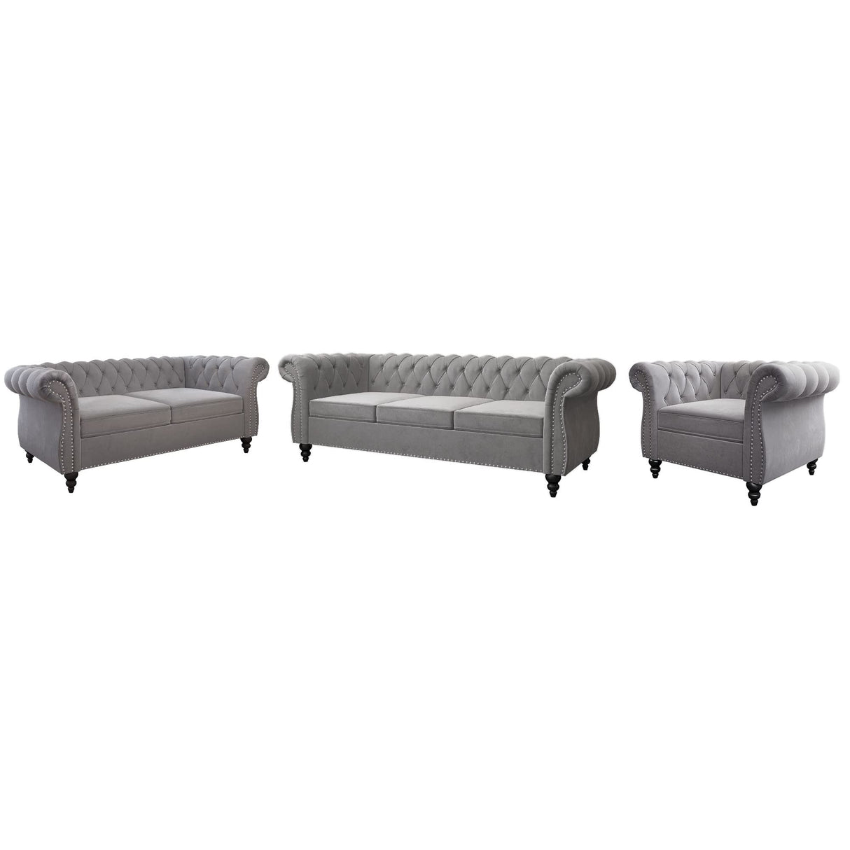 3 Piece Living Room Set, Velvet Chesterfield Sofa Loveseat Couch Chair with Scroll Arms and Nailhead for Living Room, Office (Grey) ORRD