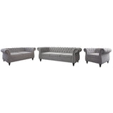 3 Piece Living Room Set, Velvet Chesterfield Sofa Loveseat Couch Chair with Scroll Arms and Nailhead for Living Room, Office (Grey) ORRD