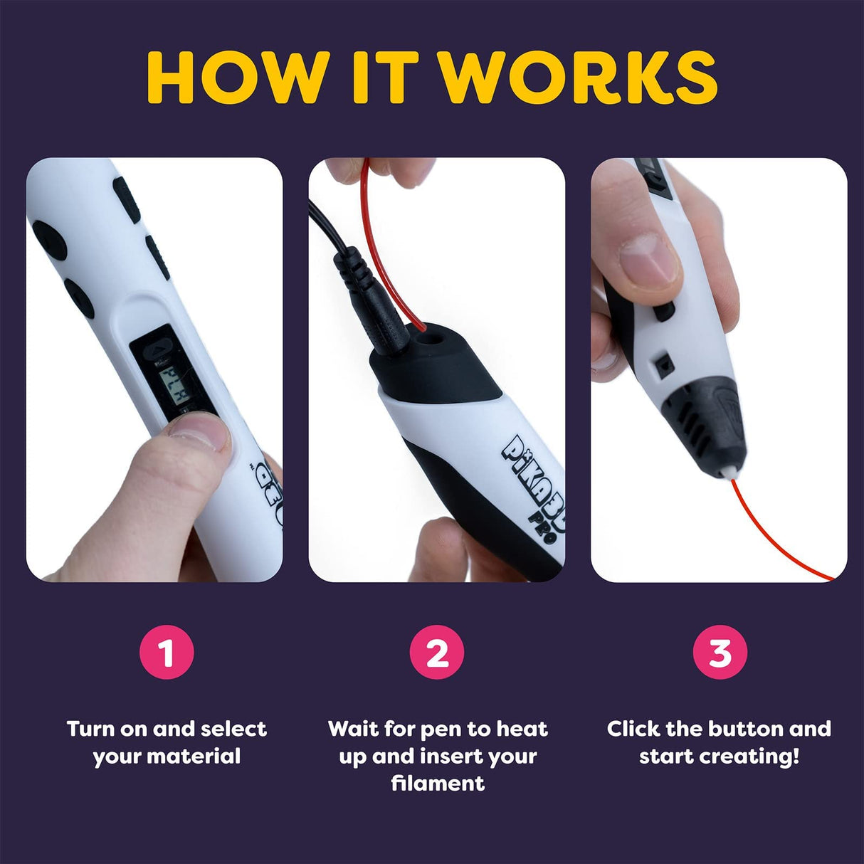 PIKA3D PRO 3D Printing Pen - Includes 3D Pen, 5 Colors of PLA Filament Refill with Stencil Guide and User Manual, White PIKA3D
