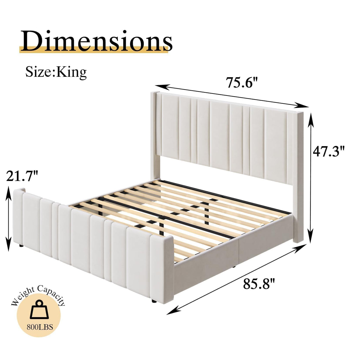 HOMBCK King Size Bed Frame, Soft Velvet Upholstered Bed Frame with Vertical Channel Tufted Wingback Headboard & Footboard, Soft Bed Frame King, Noise Free, Easy Assembly, White HOMBCK