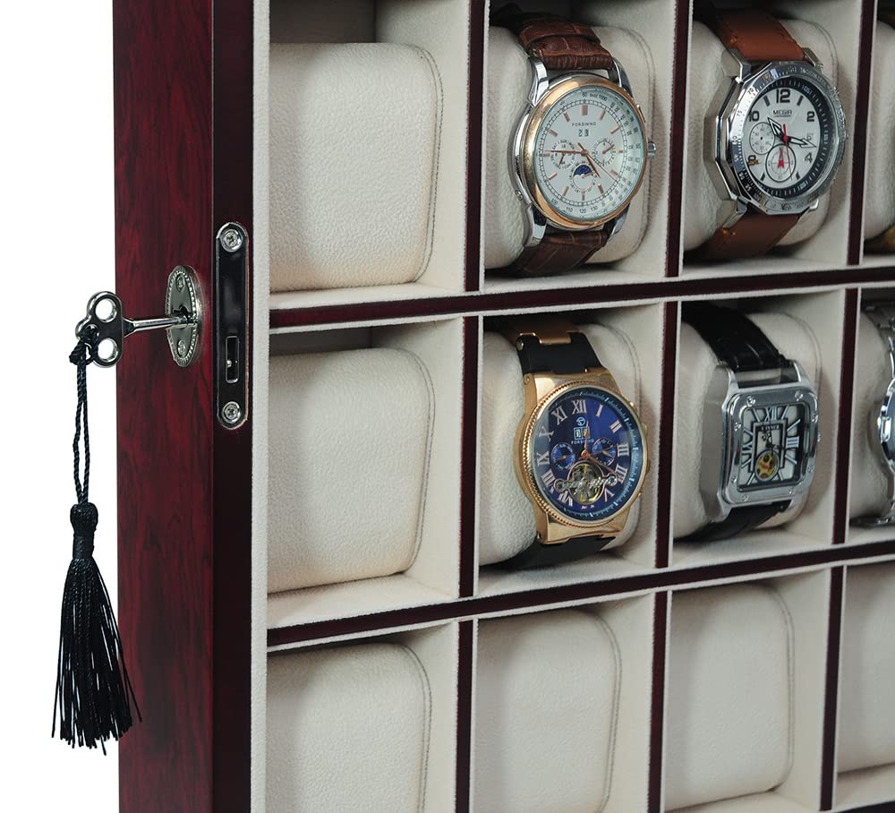 TimelyBuys 30 Piece Cherry Wood Watch Display Wall Hanging Case and Storage Organizer Box and Stand Father's Day TimelyBuys