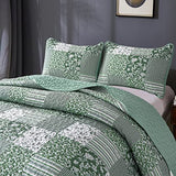 Mybedsoul Sage Green Boho King Quilt Set, 3-Piece Reversible Soft Plaid Floral Bedding Set with 2 Pillow Shams - Sage Green King Size Quilt Bedspread Coverlet Set 90"x104" Mybedsoul