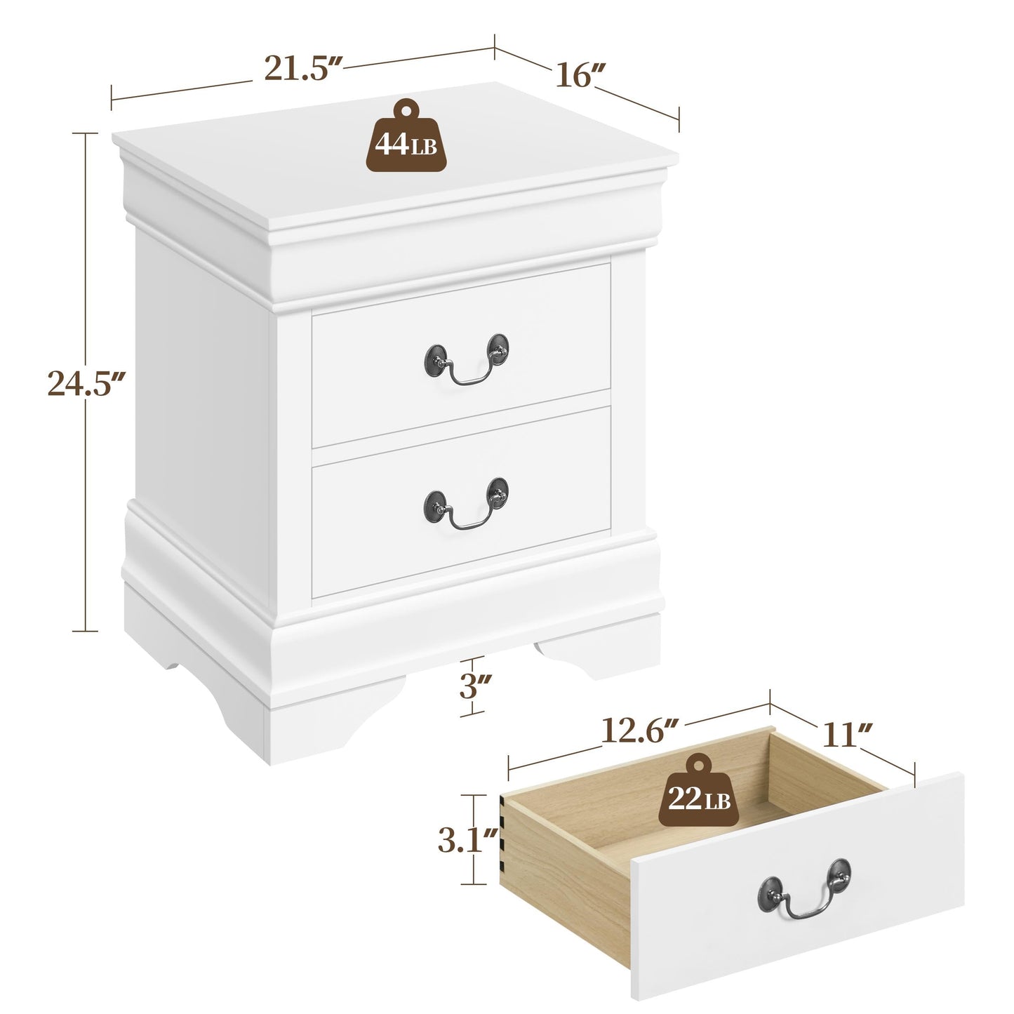 Yaheetech Fully-Assembled Nightstands Set of 2, 2-Drawer Nightstands Large Classic Bedside Tables with Storage, Wooden Painted Storage Cabinet for Bedroom, 21.5″L×16″W×24.5″H, White - WoodArtSupply