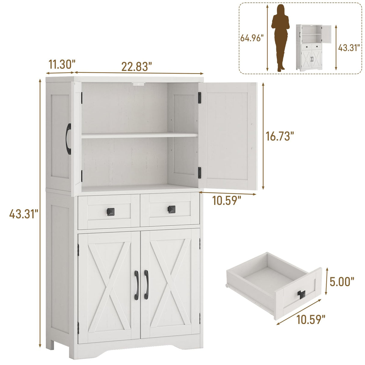 Farmhouse Bathroom Storage Cabinet with 2 Drawers and Barn Doors, Kitchen Pantry Cabinet, Freestanding Storage Cabinet with Adjustable Shelves for Bathroom, Living Room, Kitchen.(Unique White). Vabches