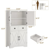 Farmhouse Bathroom Storage Cabinet with 2 Drawers and Barn Doors, Kitchen Pantry Cabinet, Freestanding Storage Cabinet with Adjustable Shelves for Bathroom, Living Room, Kitchen.(Unique White). Vabches