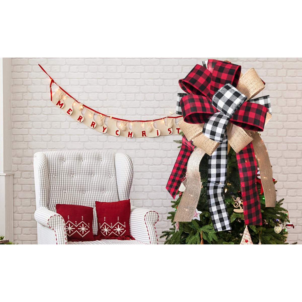 Farmhouse Christmas Tree Topper Western Tree Topper Country Tree Topper Buffalo Plaid Christmas Tree Topper Burlap Bow Black White and Red Christmas Decorations Rustic Xmas Decor Home Decor Handmade Oarkive